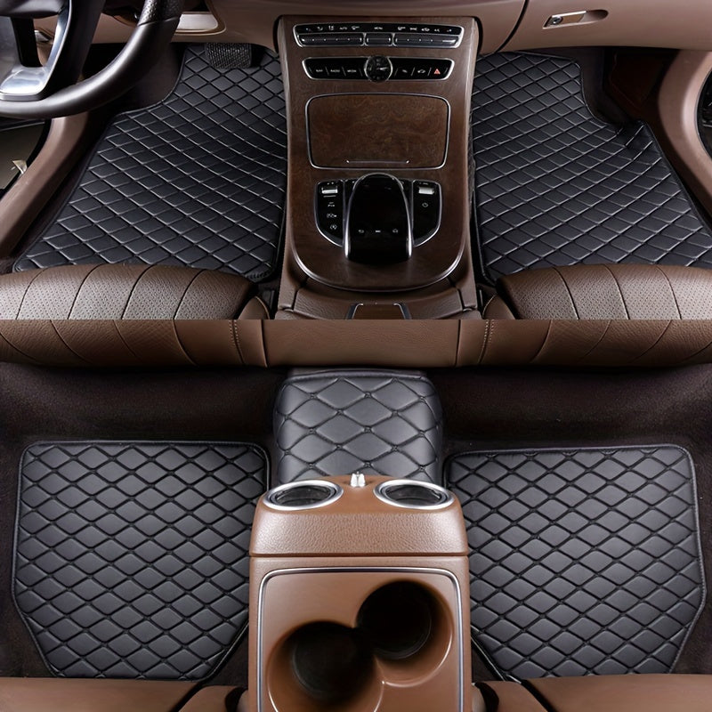 Universal 5pcs set of fashionable PU Leather car floor mats - checkered pattern, easy to install, enhanced interior protection,  Sleek Design, Highquality Material, Auto Detailing, Vehicle Enthusiasts