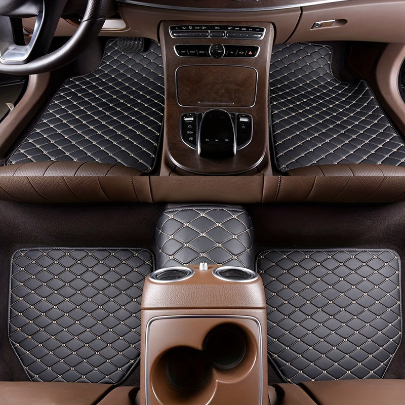 Universal 5pcs set of fashionable PU Leather car floor mats - checkered pattern, easy to install, enhanced interior protection,  Sleek Design, Highquality Material, Auto Detailing, Vehicle Enthusiasts