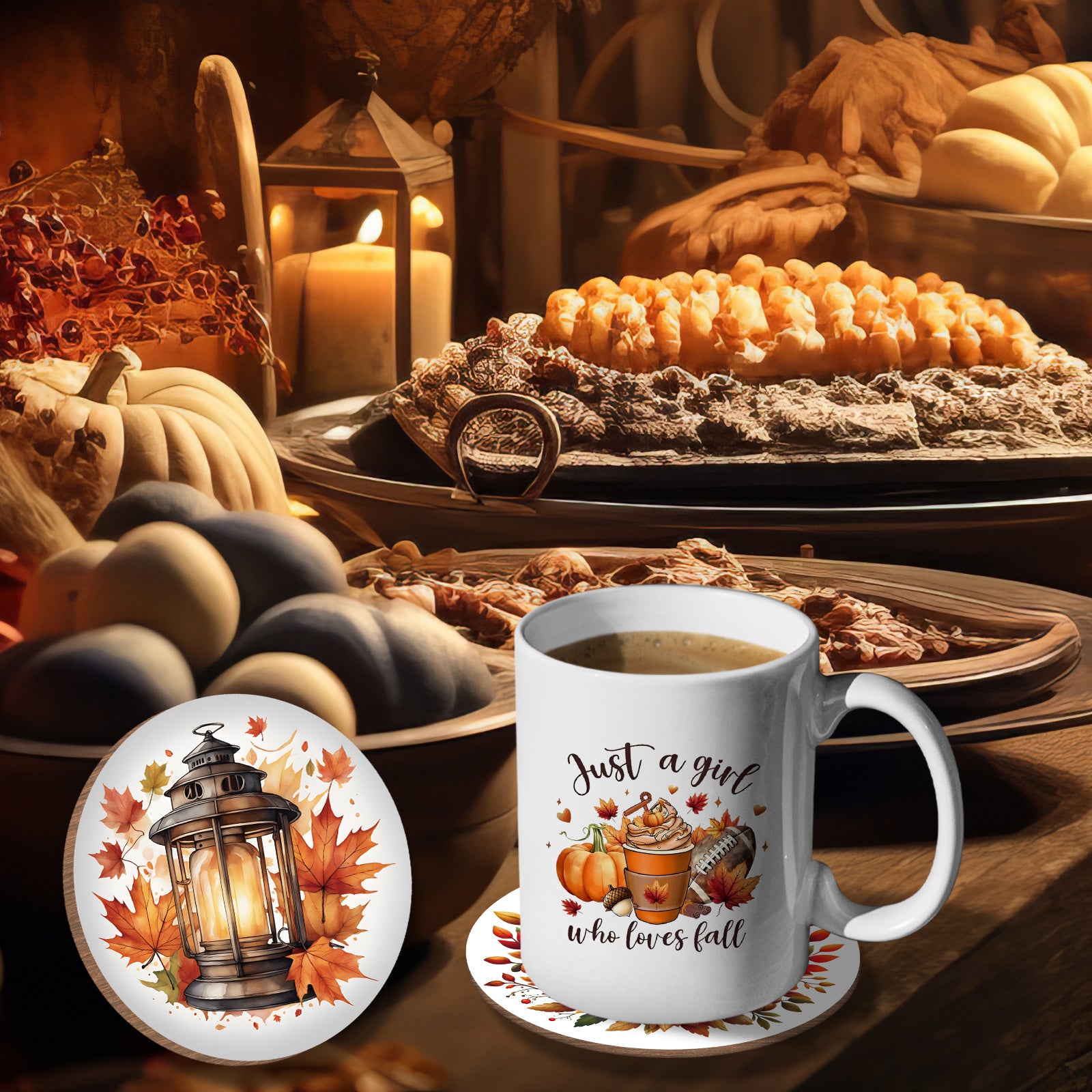 Multipurpose Ceramic Coffee Mug and Coaster Set with Thanksgiving and Fall Designs, 11oz Reusable Cup for Drinks, Machine Washable, Eco-Friendly, Perfect Gift for Halloween, Thanksgiving and Autumn Celebrations