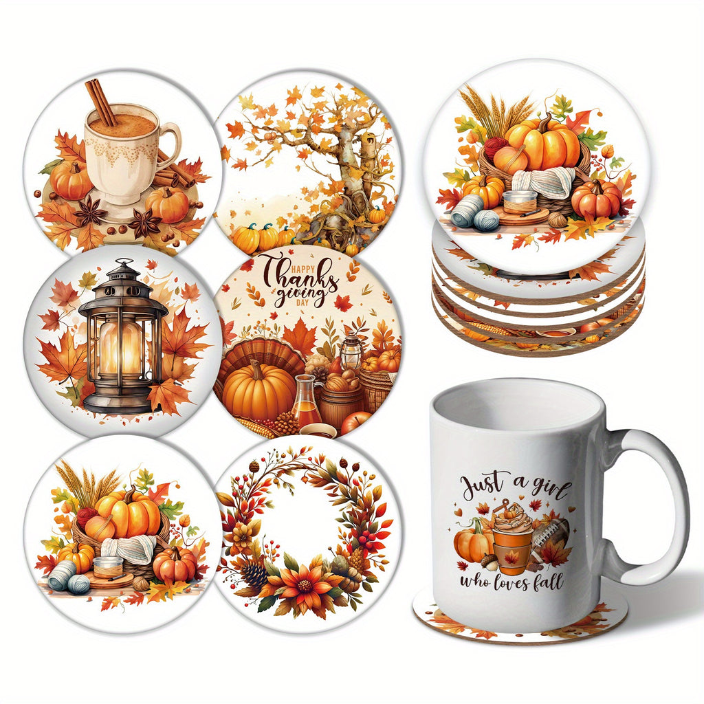 Multipurpose Ceramic Coffee Mug and Coaster Set with Thanksgiving and Fall Designs, 11oz Reusable Cup for Drinks, Machine Washable, Eco-Friendly, Perfect Gift for Halloween, Thanksgiving and Autumn Celebrations