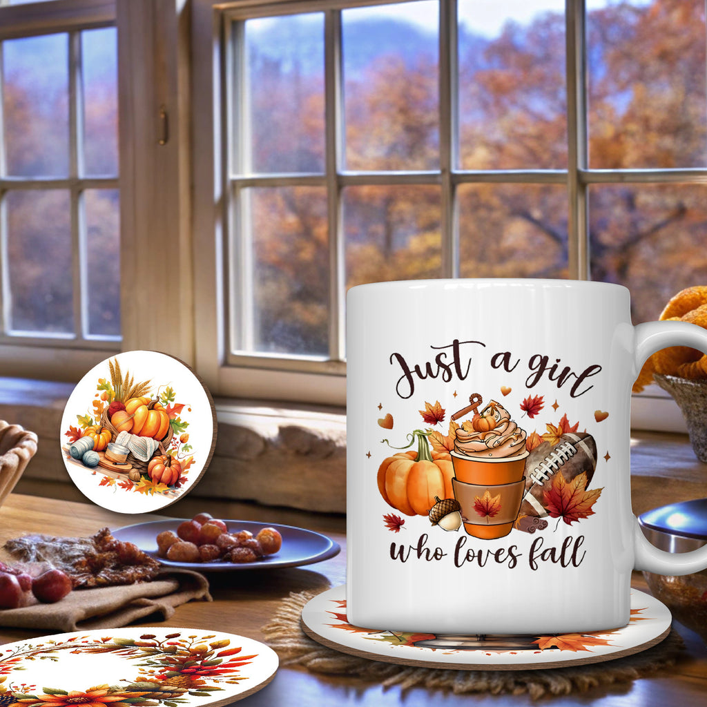 Multipurpose Ceramic Coffee Mug and Coaster Set with Thanksgiving and Fall Designs, 11oz Reusable Cup for Drinks, Machine Washable, Eco-Friendly, Perfect Gift for Halloween, Thanksgiving and Autumn Celebrations