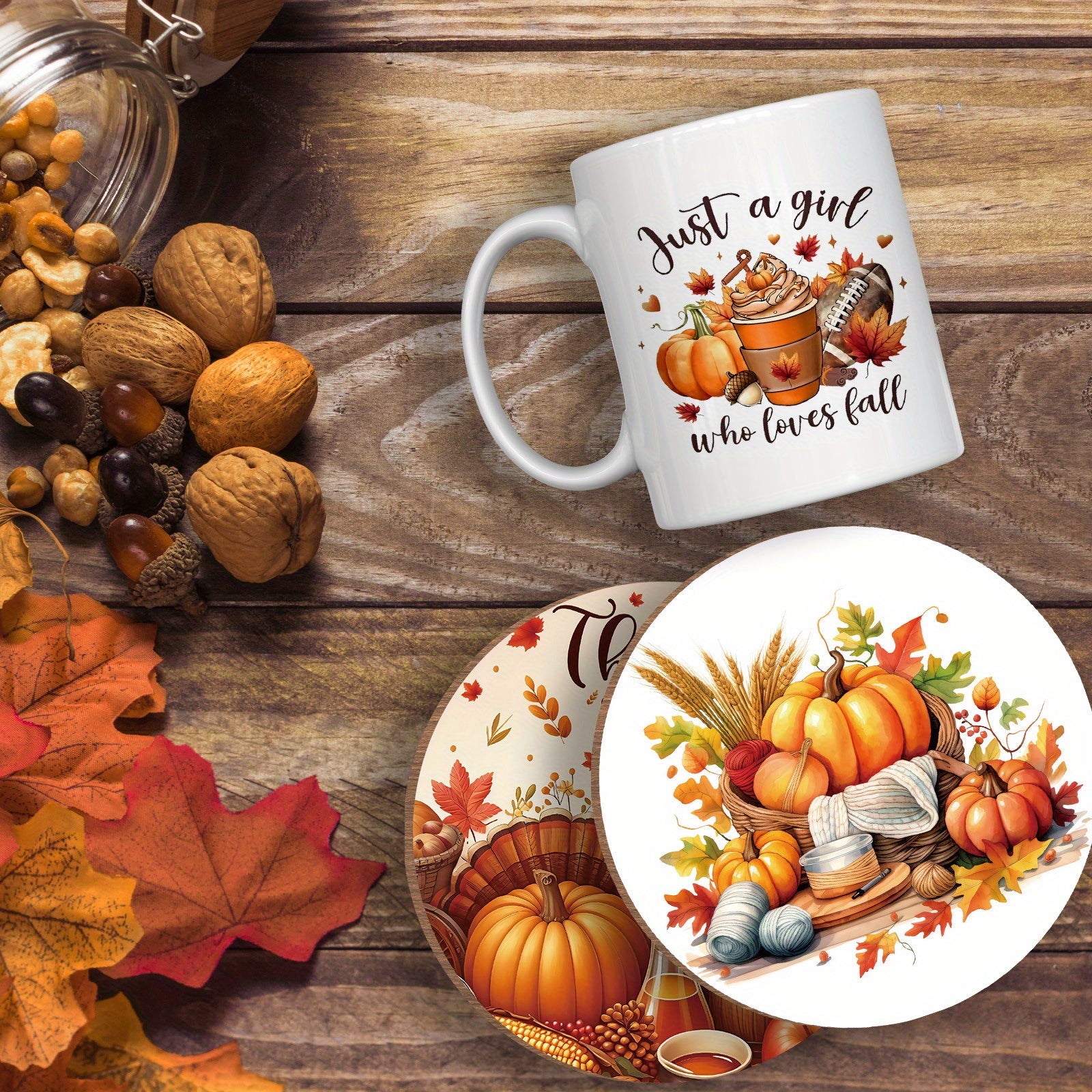 Multipurpose Ceramic Coffee Mug and Coaster Set with Thanksgiving and Fall Designs, 11oz Reusable Cup for Drinks, Machine Washable, Eco-Friendly, Perfect Gift for Halloween, Thanksgiving and Autumn Celebrations