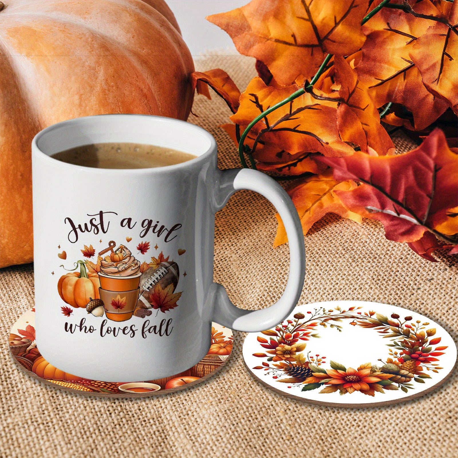 Multipurpose Ceramic Coffee Mug and Coaster Set with Thanksgiving and Fall Designs, 11oz Reusable Cup for Drinks, Machine Washable, Eco-Friendly, Perfect Gift for Halloween, Thanksgiving and Autumn Celebrations