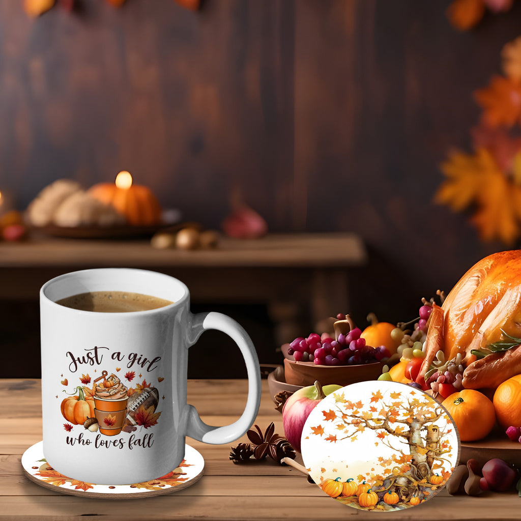 Multipurpose Ceramic Coffee Mug and Coaster Set with Thanksgiving and Fall Designs, 11oz Reusable Cup for Drinks, Machine Washable, Eco-Friendly, Perfect Gift for Halloween, Thanksgiving and Autumn Celebrations