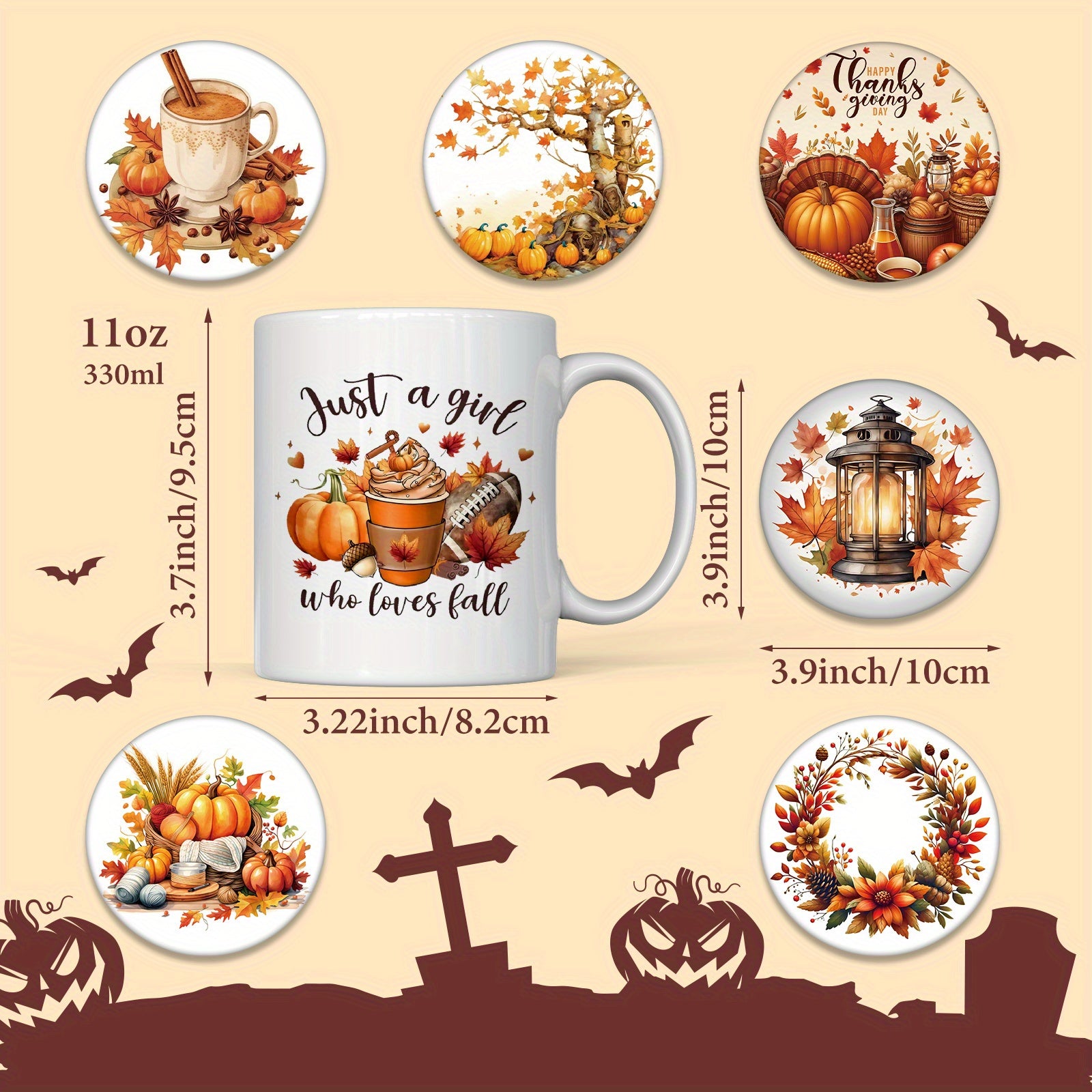 Multipurpose Ceramic Coffee Mug and Coaster Set with Thanksgiving and Fall Designs, 11oz Reusable Cup for Drinks, Machine Washable, Eco-Friendly, Perfect Gift for Halloween, Thanksgiving and Autumn Celebrations