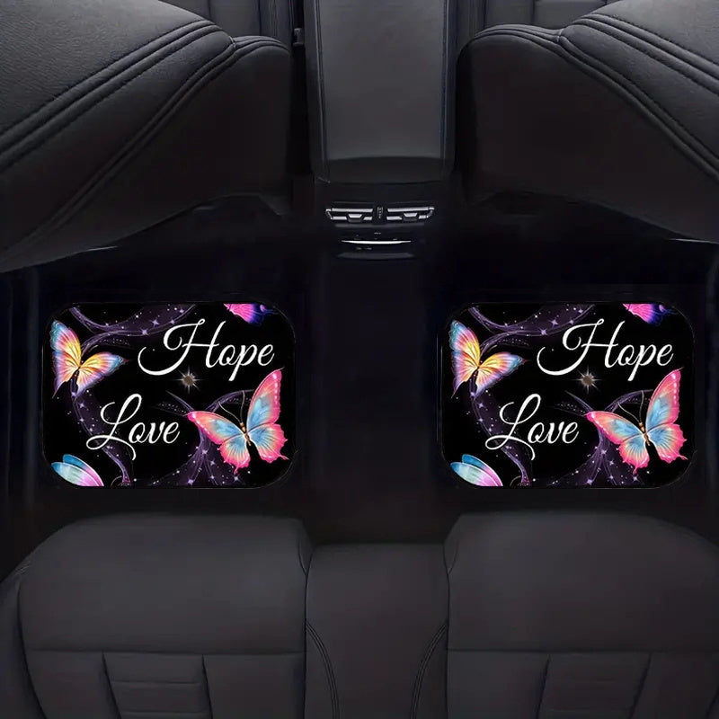 [4pcs Non-Slip Butterfly Floor Mats] 4pcs Universal Fit Butterfly-Themed Car Floor Mats Set, Polyester Non-Slip Front & Rear Vehicle Floor Protectors, Inspirational Quotes Auto Interior Accessories for Cars, Sedans, SUVs, Van