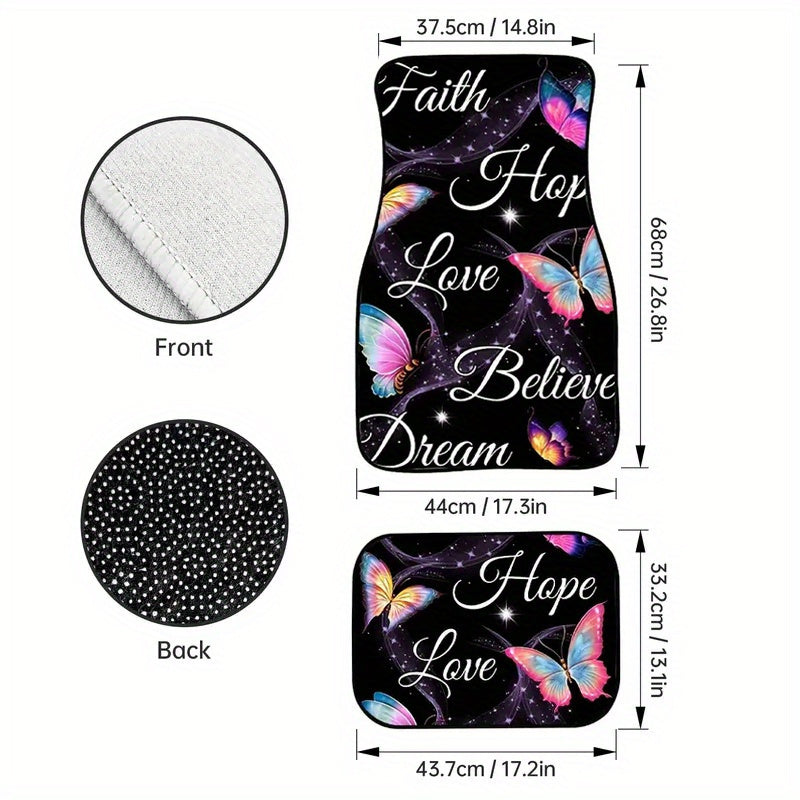 [4pcs Non-Slip Butterfly Floor Mats] 4pcs Universal Fit Butterfly-Themed Car Floor Mats Set, Polyester Non-Slip Front & Rear Vehicle Floor Protectors, Inspirational Quotes Auto Interior Accessories for Cars, Sedans, SUVs, Van