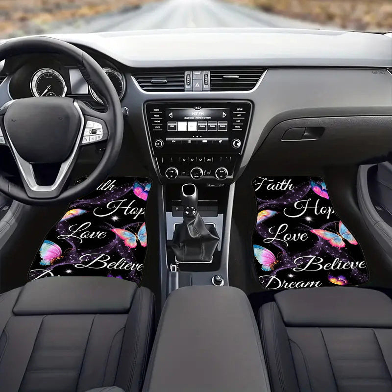 [4pcs Non-Slip Butterfly Floor Mats] 4pcs Universal Fit Butterfly-Themed Car Floor Mats Set, Polyester Non-Slip Front & Rear Vehicle Floor Protectors, Inspirational Quotes Auto Interior Accessories for Cars, Sedans, SUVs, Van