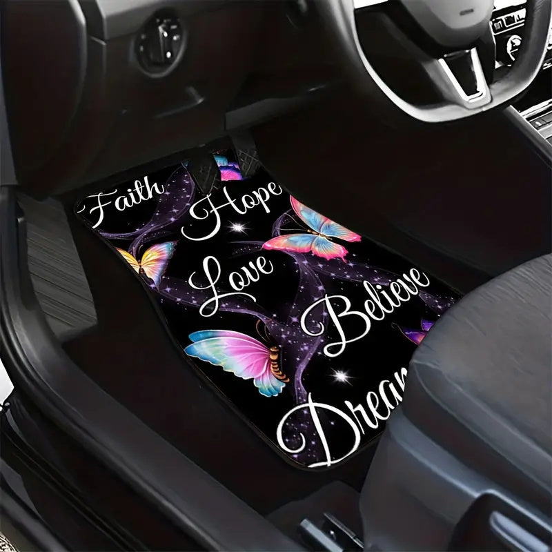 [4pcs Non-Slip Butterfly Floor Mats] 4pcs Universal Fit Butterfly-Themed Car Floor Mats Set, Polyester Non-Slip Front & Rear Vehicle Floor Protectors, Inspirational Quotes Auto Interior Accessories for Cars, Sedans, SUVs, Van