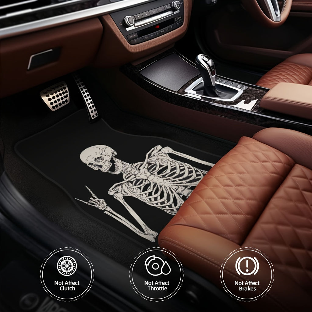 4PCS Set of Waterproof, Easy-Clean, Non-Slip Halloween Skull-Themed Rubber Car Floor Mats for Front & Rear, Universal Fit for All Vehicles