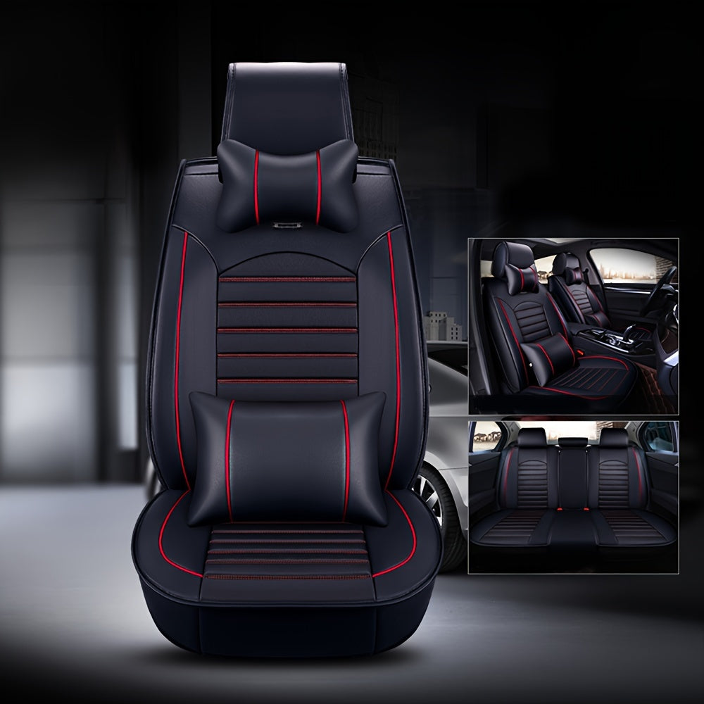 5-Seat Full Set Premium Waterproof Faux Leather Car Seat Cover with Adjustable Cushion Protector, 2 Headrest and 2 Lumbar Pillows, Universal Fit for All-Season Use, PU Leather Surface, Sponge Filled for Ultimate Comfort