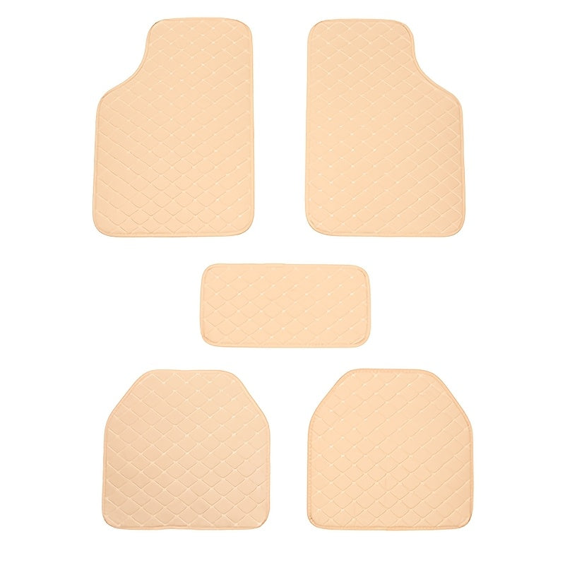 Universal 5pcs set of fashionable PU Leather car floor mats - checkered pattern, easy to install, enhanced interior protection,  Sleek Design, Highquality Material, Auto Detailing, Vehicle Enthusiasts