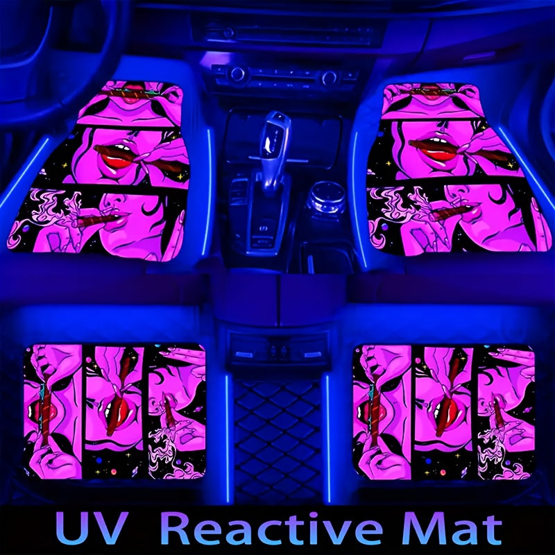 4pcs Cool Girl Pattern Flannel Car Floor Mats, UV Black Gloss Car Floor Mats, Absorbent, Non-Slip Mats, Suitable for Most Car Front and Rear Seat Carpets, Car Interior Protection Decoration