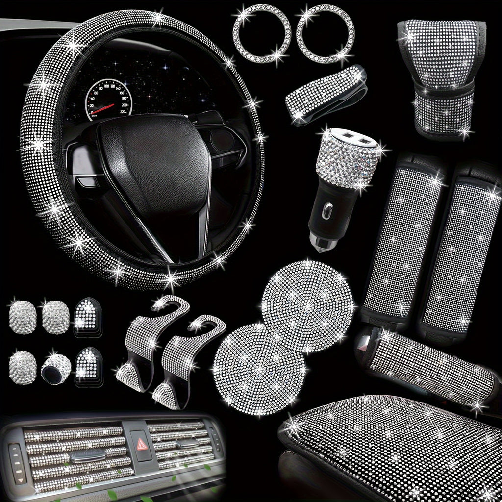 30pcs Bling Car Accessories Set for Women, Steering Wheel Covers Universal Fit 15 Inch, Seat Belt Covers, Armrest Cover, Gear Shift Covers