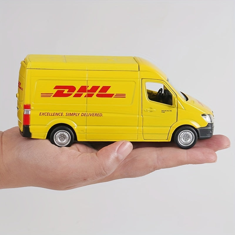 MAKEDA 1:36 Scale DHL Mercedes-Benz Delivery Vehicle Replica, Wind Powered, Weather Resistant, Pull-Back Action, Zinc Alloy Model, Suitable for Ages 3-6, Toy Collection and Gift for Boys