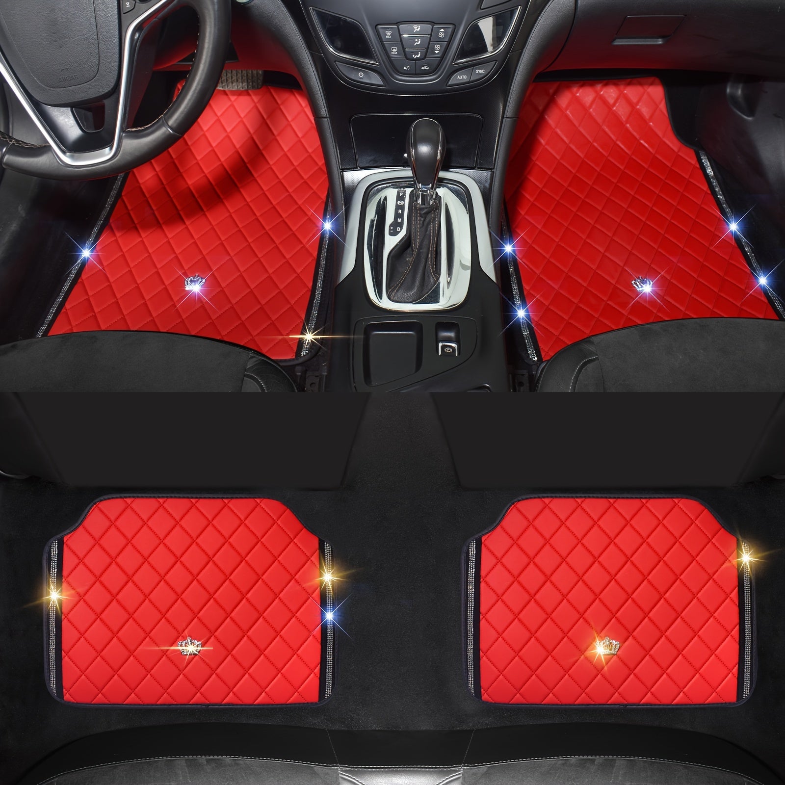 High-Quality PU Materials Car Floor Mats with Bling Crown Symbol, Full Set for SUV, 4x4 Truck, Minivan, for JEEP for Wrangler XL, Luxurious Design, Red Or Black