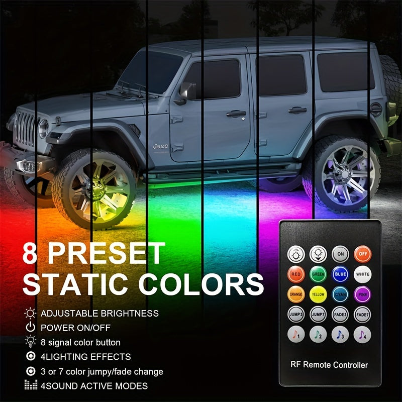 Wireless 4PCS RGB Car Underglow Lighting Kit - Music Sync, Durable Build, Remote Control for Vehicle Ambiance Enhancement