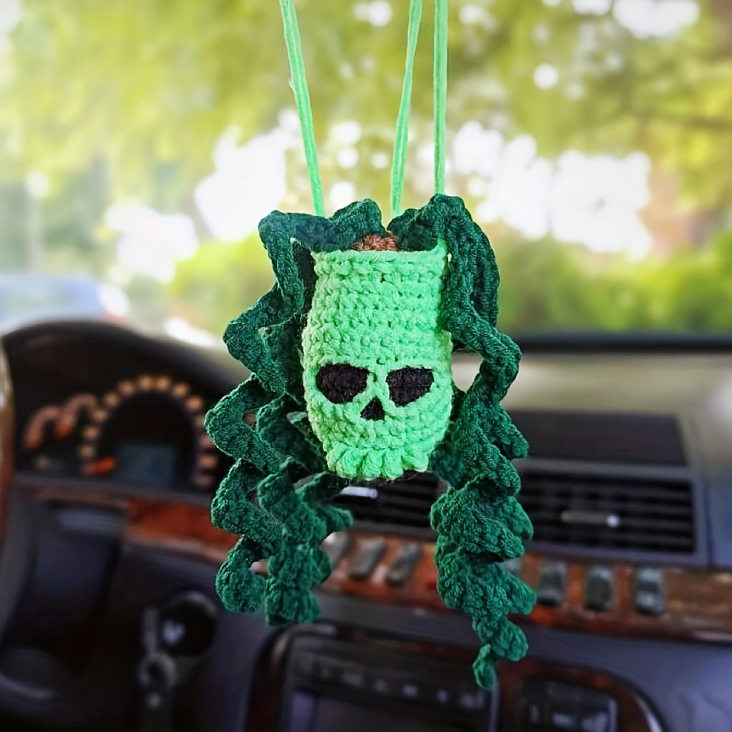 Handmade Crochet Cool Car Rearview Mirror Pendant Halloween Skull Head Hanging Ornament Car Interior Room Decorations Holiday Gift