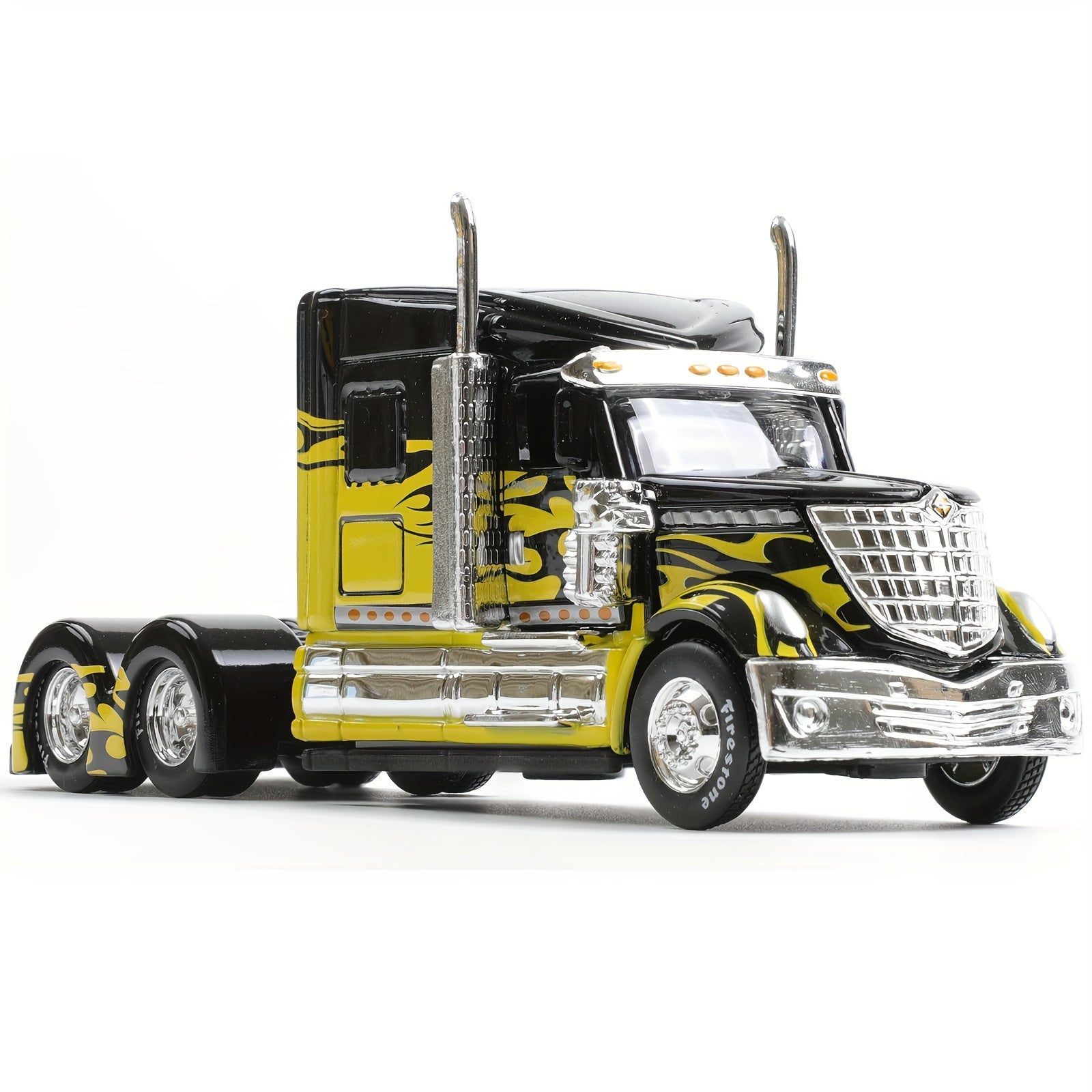 Maisto 1:64 Scale International Lonestar Container Trailer Truck - Vibrant Yellow & Black Alloy Model with Realistic Details, Chrome Accents, and Flame Design - Collectible Transport Vehicle Toy for Youngsters