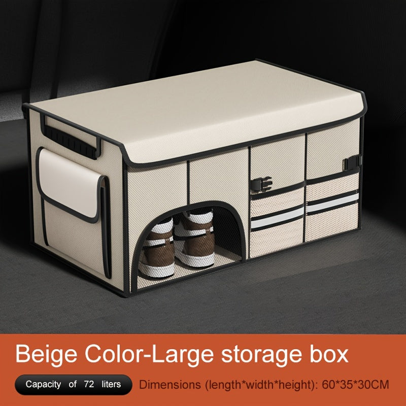 Foldable Car Trunk Organizer with Lid, Large Capacity Multi-Compartment Storage Box for SUV, Fabric Material with Mesh Pockets for Vehicle Cargo Organization