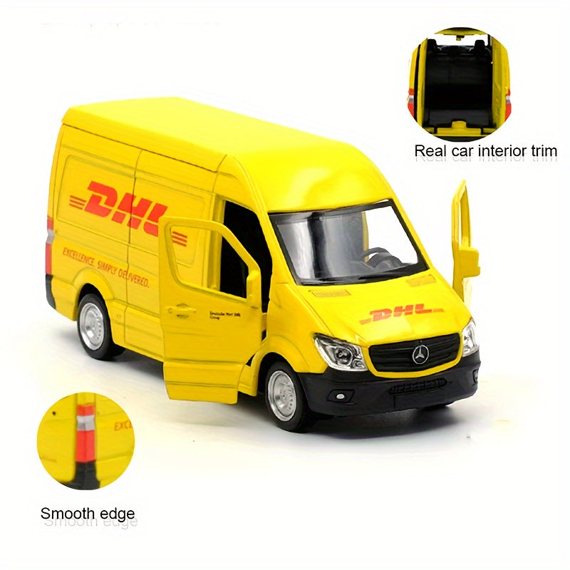 MAKEDA 1:36 Scale DHL Mercedes-Benz Delivery Vehicle Replica, Wind Powered, Weather Resistant, Pull-Back Action, Zinc Alloy Model, Suitable for Ages 3-6, Toy Collection and Gift for Boys