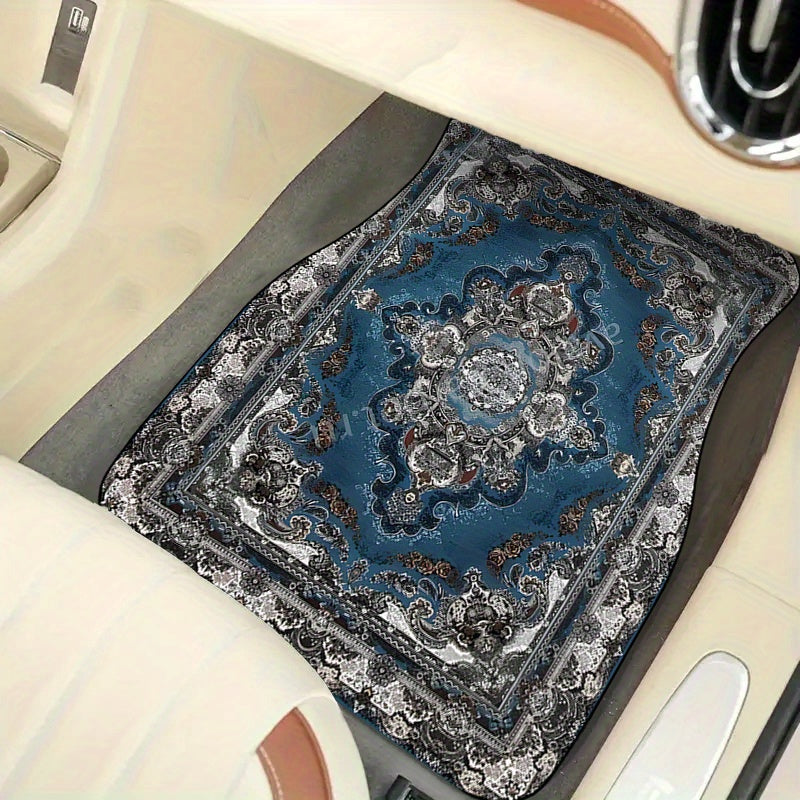 4pcs Moroccan Vintage Car Floor Mats - Stylish & Durable, Front & Rear Seat Protection, All-Vehicle Compatible, Blue and Beige Patterned, Woven Texture, Enhances Interior Decor, Vehicle Interior Decor|Vintage Car Accessories|