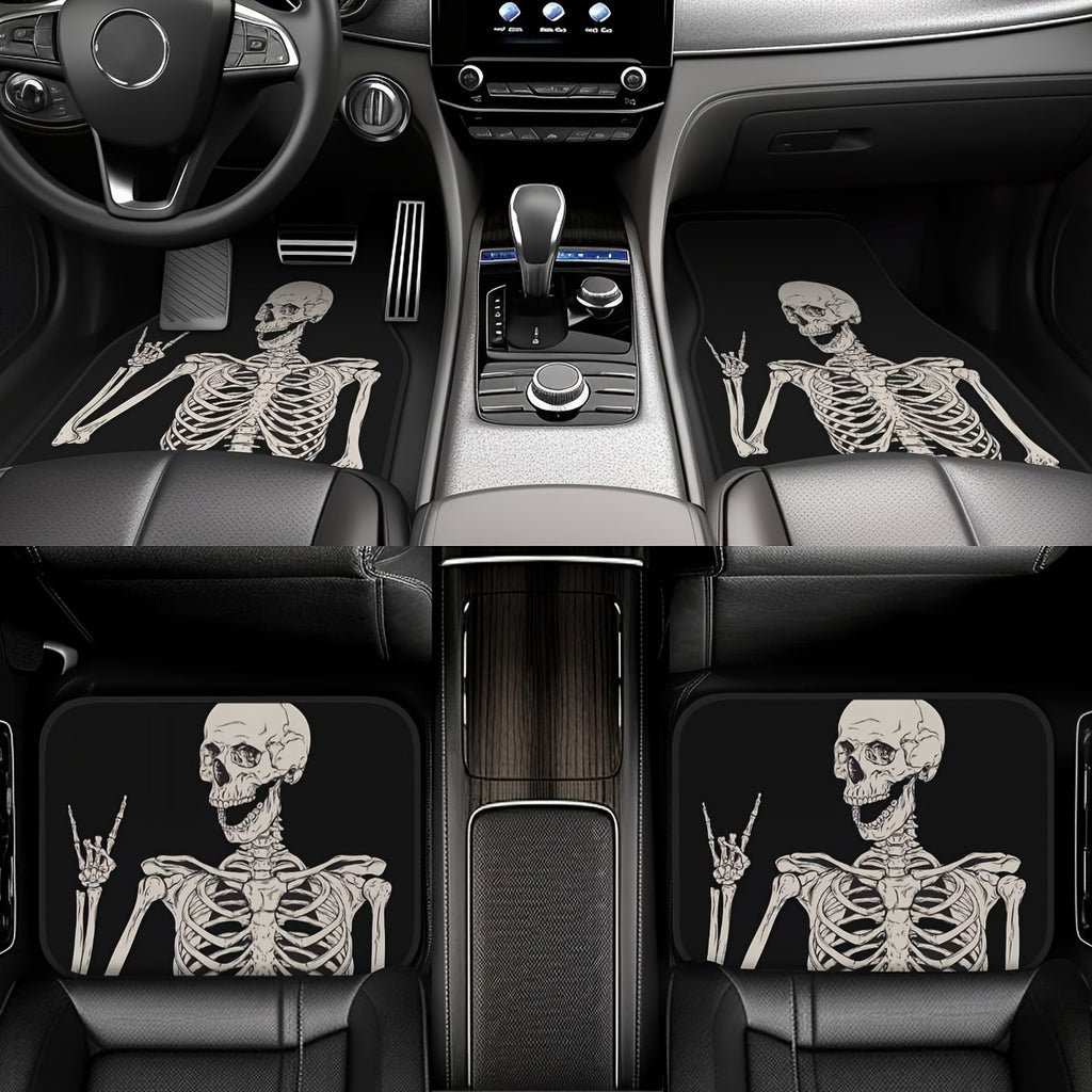 4PCS Set of Waterproof, Easy-Clean, Non-Slip Halloween Skull-Themed Rubber Car Floor Mats for Front & Rear, Universal Fit for All Vehicles