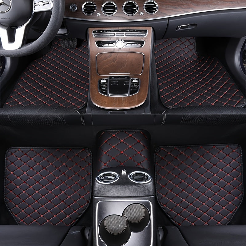 Universal 5pcs set of fashionable PU Leather car floor mats - checkered pattern, easy to install, enhanced interior protection,  Sleek Design, Highquality Material, Auto Detailing, Vehicle Enthusiasts