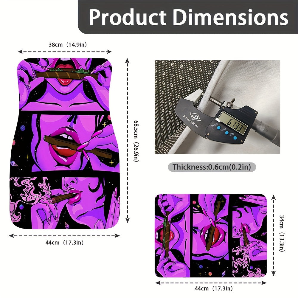 4pcs Cool Woman Pattern Flannel UV Black Light Car Floor Mats - Water-Absorbent, Non-Slip, Stain-Resistant, Reactive to UV Blacklight, Easy to Clean, and Protective Decoration for Most Car Front and Rear Seat Carpets