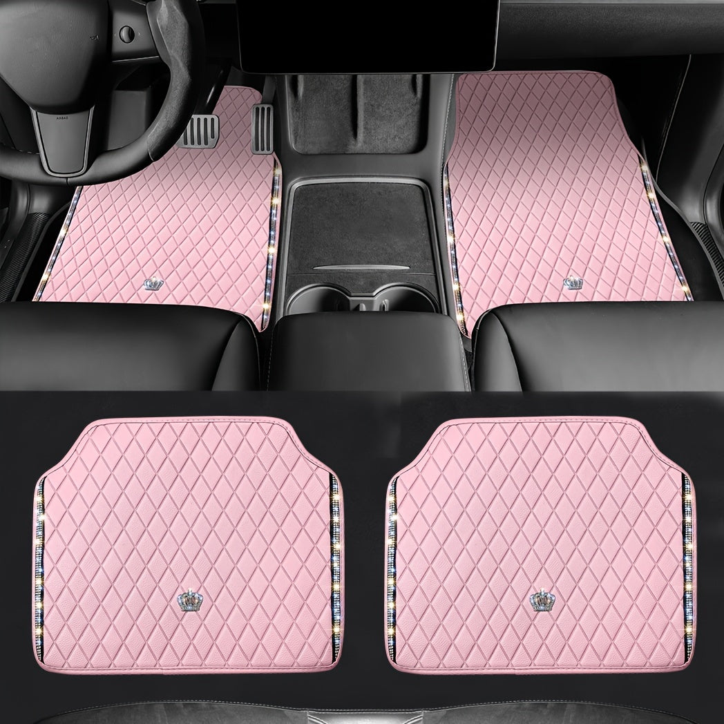 Pink Bling&Premium PU Leather Car Floor Mats Full Set, Sparkly Diamond Car Mats Universal Fit Most Automotive, Such As Automotive SUV, Sedan, Van Etc, Glitter Rhinestone Carpet Waterproof Anti-Slip, Perfect Cute Gift for Wome