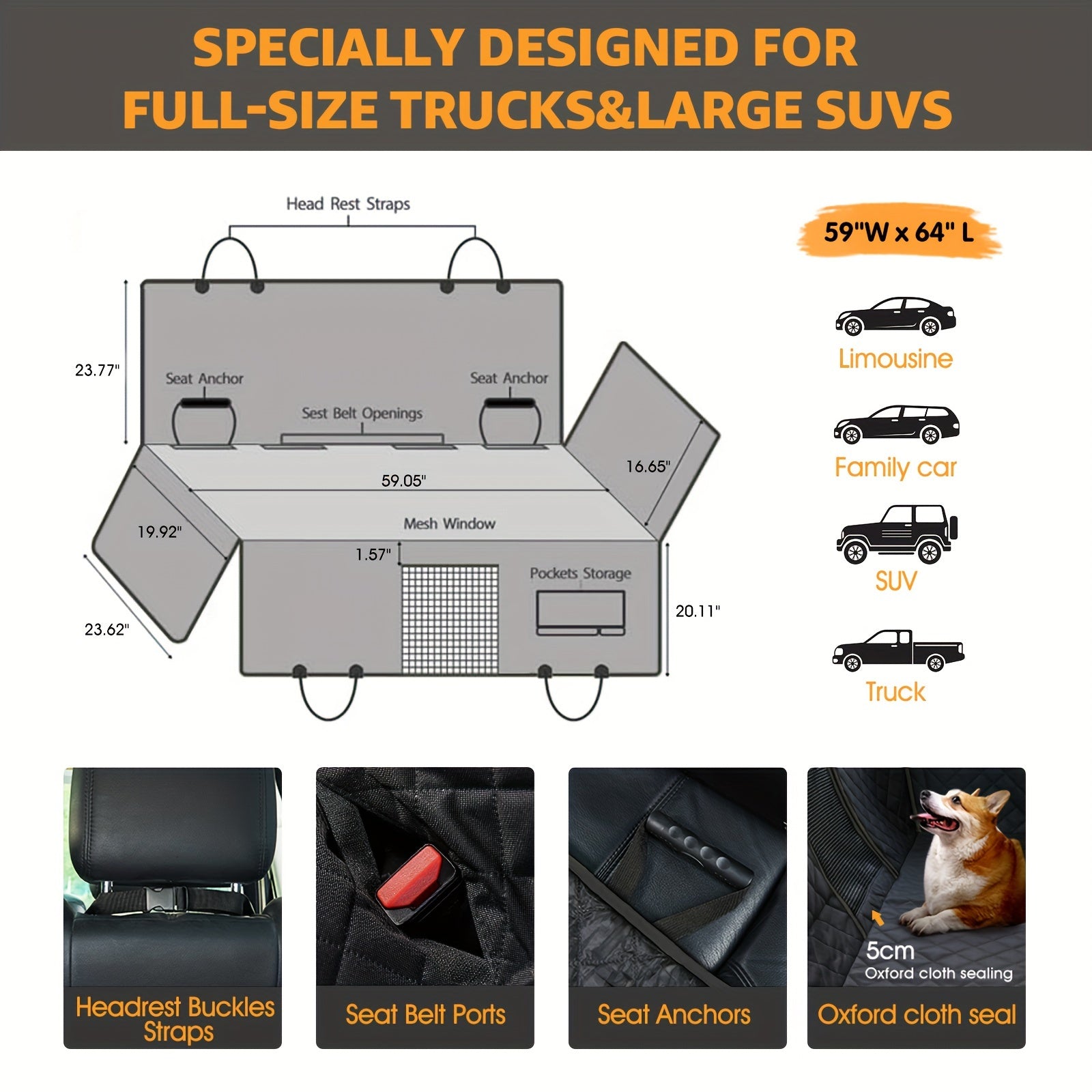 XL Nonslip Scratchproof Dog Truck Hammock - 100% Waterproof with Big Mesh Window, Heavy Duty Seat Covers for Full Sized Pickup Trucks F150, Durable and Easy to Clean, Perfect for Pet Owners - Black