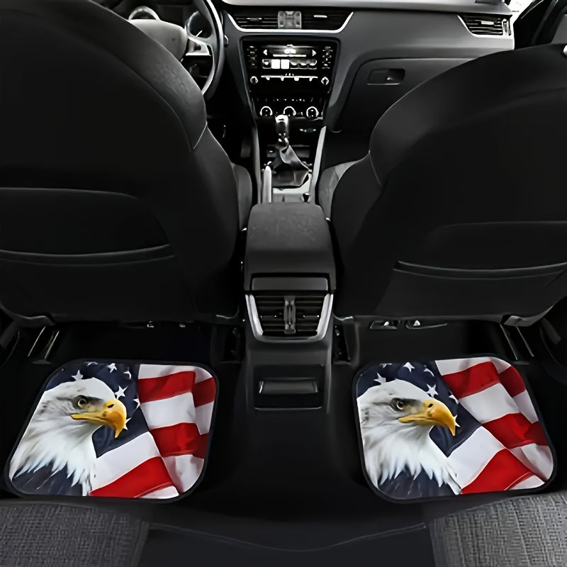 4-Piece Universal Fit Eagle & American Flag Car Floor Mats Set - Durable, Absorbent, Non-Slip, Washable Polyester Mats for Cars, SUVs, Trucks, and Vans - All-Season Protection