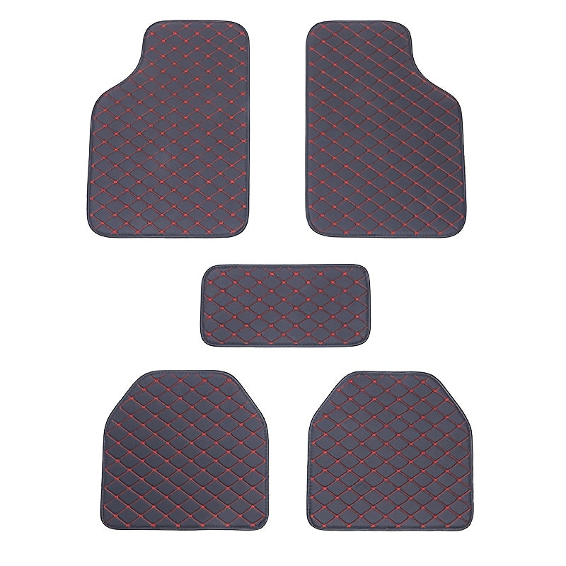 Universal 5pcs set of fashionable PU Leather car floor mats - checkered pattern, easy to install, enhanced interior protection,  Sleek Design, Highquality Material, Auto Detailing, Vehicle Enthusiasts