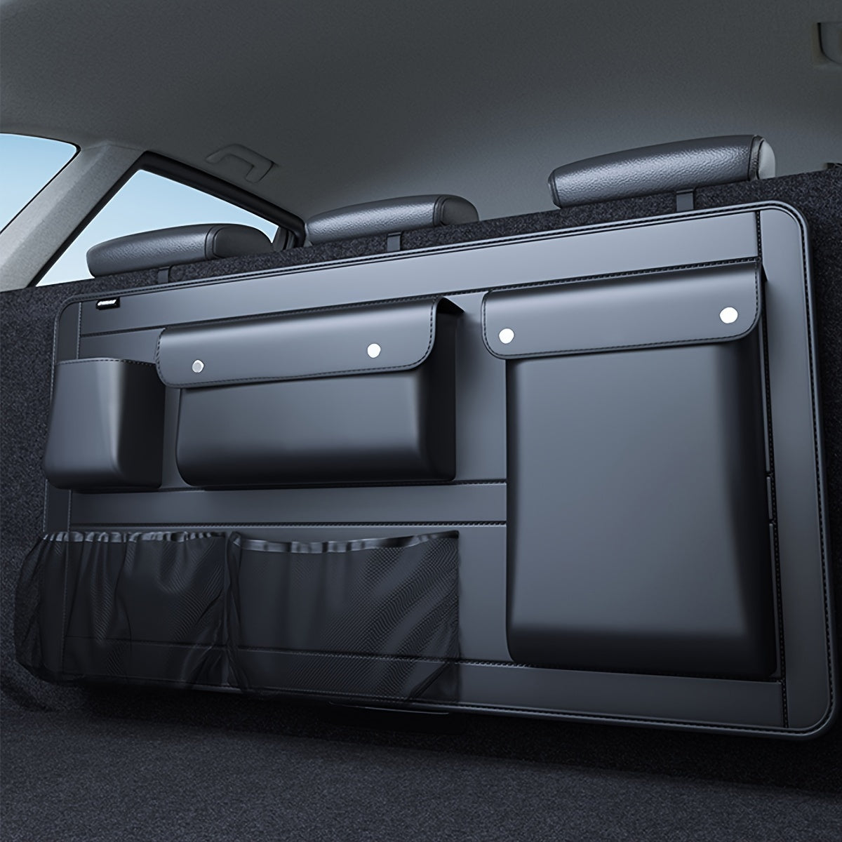 Multi-Functional Car Trunk Organizer with Seat Back Storage - Large Capacity Vehicle Cargo Box for Tools, Groceries, and Accessories - Durable Black Fabric with Multiple Compartments, Car Travel Accessories, Best for Christma