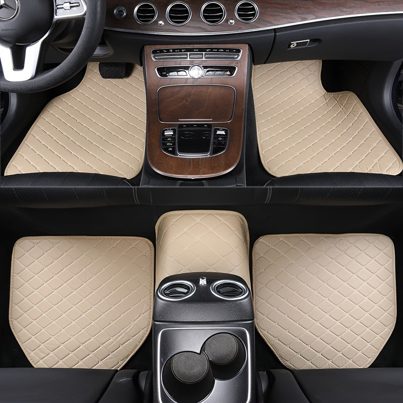 Universal 5pcs set of fashionable PU Leather car floor mats - checkered pattern, easy to install, enhanced interior protection,  Sleek Design, Highquality Material, Auto Detailing, Vehicle Enthusiasts