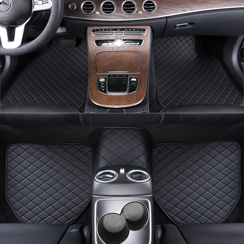 Universal 5pcs set of fashionable PU Leather car floor mats - checkered pattern, easy to install, enhanced interior protection,  Sleek Design, Highquality Material, Auto Detailing, Vehicle Enthusiasts