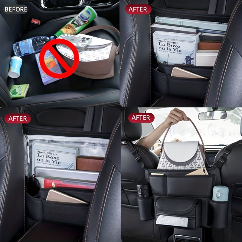 Faux Leather Car Seat Organizer - Fit, Multi-Pocket Storage Pouch With Handheld Design For Vehicle Interior Organization