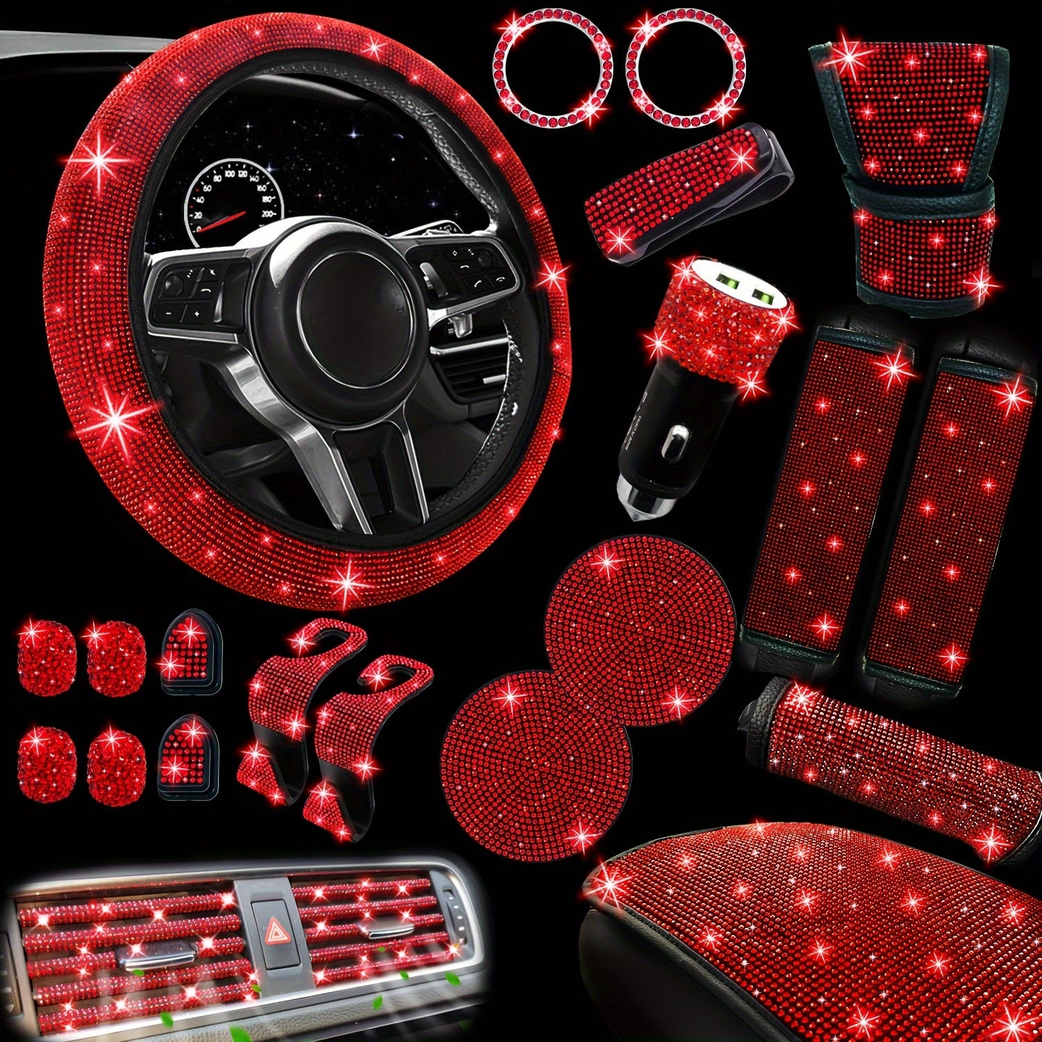 30pcs Bling Car Accessories Set for Women, Steering Wheel Covers Universal Fit 15 Inch, Seat Belt Covers, Armrest Cover, Gear Shift Covers