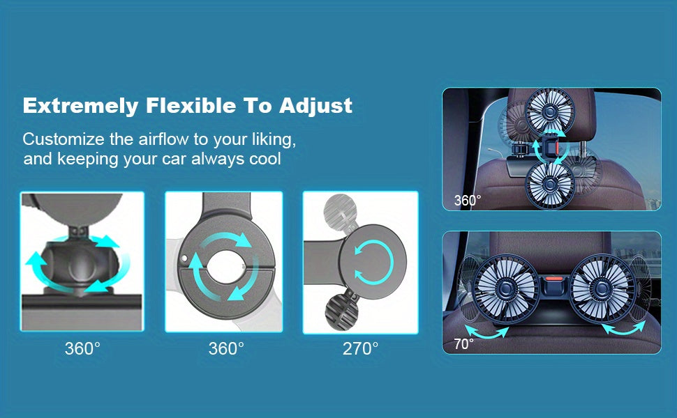 1 Pc Car Fan, Car Small Air Conditioner, Double-headed Rear Fan, Strong Wind, 360 Degrees Rotation, Large Air Volume, Subwoofer Operation, Base Fixed Clip Mounting Method, Suitable For Car Home