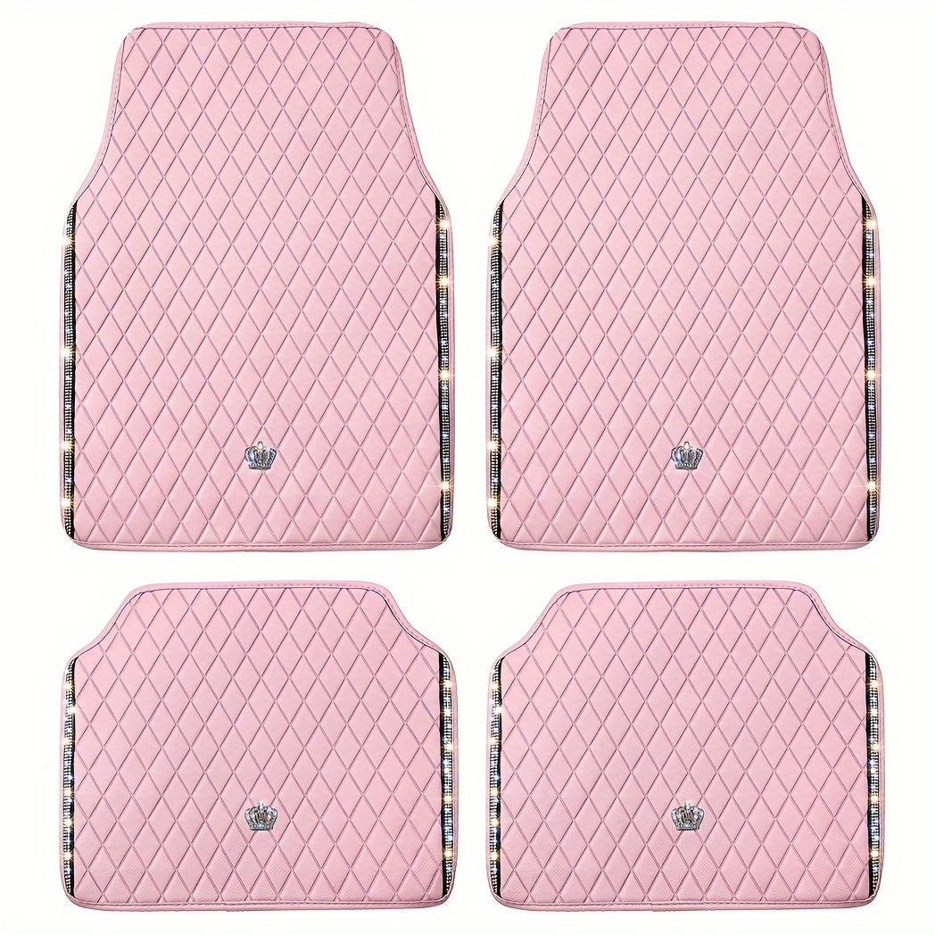 Pink Bling&Premium PU Leather Car Floor Mats Full Set, Sparkly Diamond Car Mats Universal Fit Most Automotive, Such As Automotive SUV, Sedan, Van Etc, Glitter Rhinestone Carpet Waterproof Anti-Slip, Perfect Cute Gift for Wome