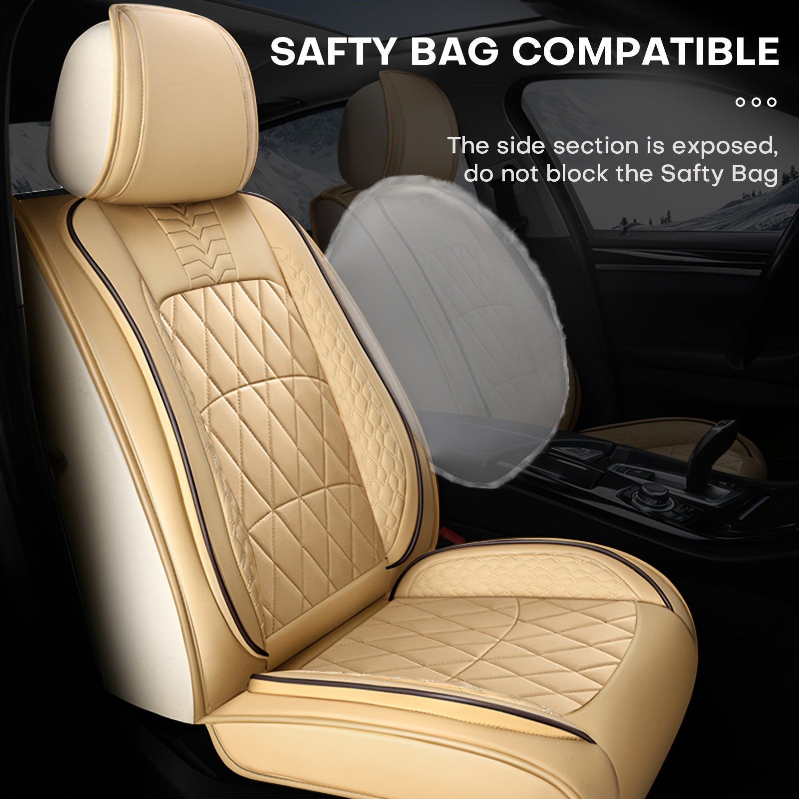 5-Seat Beige Luxury PU Leather Car Seat Cover Set - Waterproof, Adjustable Fit, 360° Protection - Universal for Sedans, Trucks, SUVs