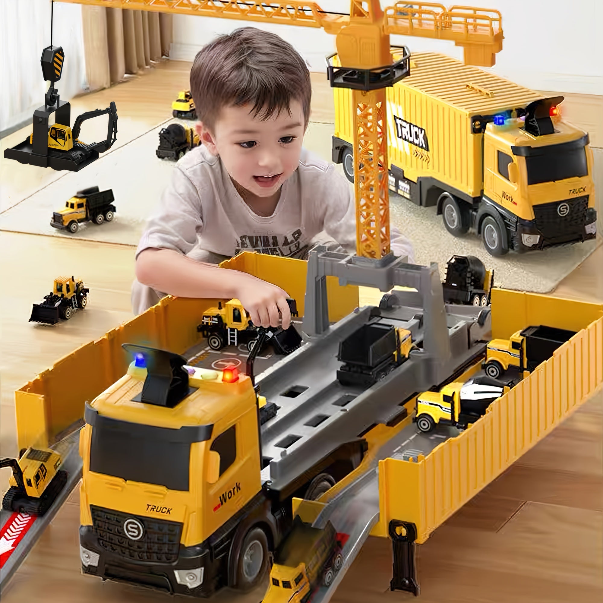 Construction Truck Toys Set - 3-6+ Years Old Boys' Carrier Truck with Crane, Excavator, Bulldozer, Dump Trucks, Cement Truck, Alloy Vehicle Toys for Christmas, Easter, Birthday Gifts
