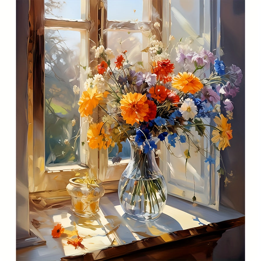 Paint By Numbers Kit For Adults - Still Life Flowers By The Window, 19.7 X 15.7 Inch Canvas, Eco-Friendly Acrylic Paints & Brushes Included (No Frame)
