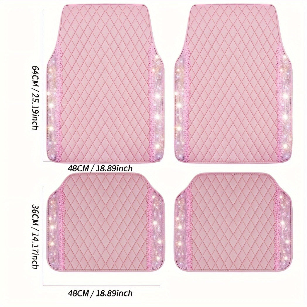 PU Leather Car Mats, Beautiful Fabric Pattern Decoration, Shining Diamond Floor Mats Crystal Rhinestones Sparkly Glitter Carpet Anti-Slip Pad Universal Fit For Automotive SUV, Sedan, Van, 4pcs For Girl Women Pink