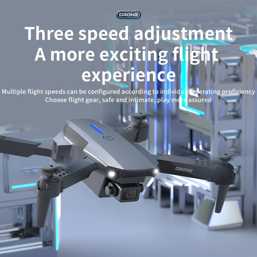 Intelligent aerial drone E88 single camera with dual batteries and replacement blades, equipped with protective frame and quadcopter, wireless connection, mobile phone remote control of unmanned aerial vehicle, aerial camera,