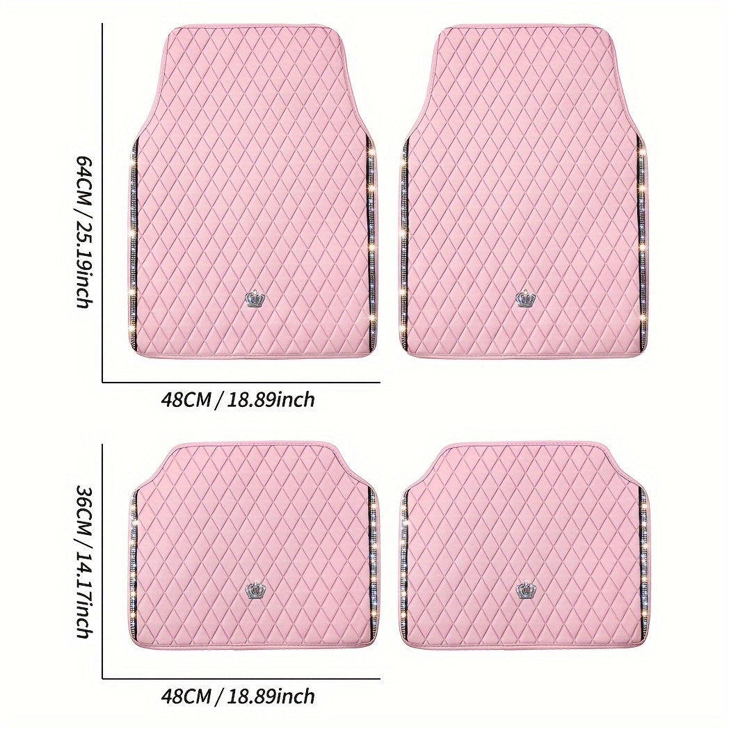 Pink Bling&Premium PU Leather Car Floor Mats Full Set, Sparkly Diamond Car Mats Universal Fit Most Automotive, Such As Automotive SUV, Sedan, Van Etc, Glitter Rhinestone Carpet Waterproof Anti-Slip, Perfect Cute Gift for Wome