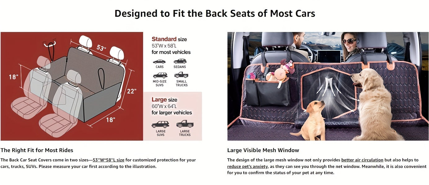 Waterproof 600D Scratch-Resistant Dog Car Seat Cover - Seat Covers with Nonslip Backing, Mesh Window, Storage Pocket, and Durable Hammock for Cars, Trucks, and SUVs