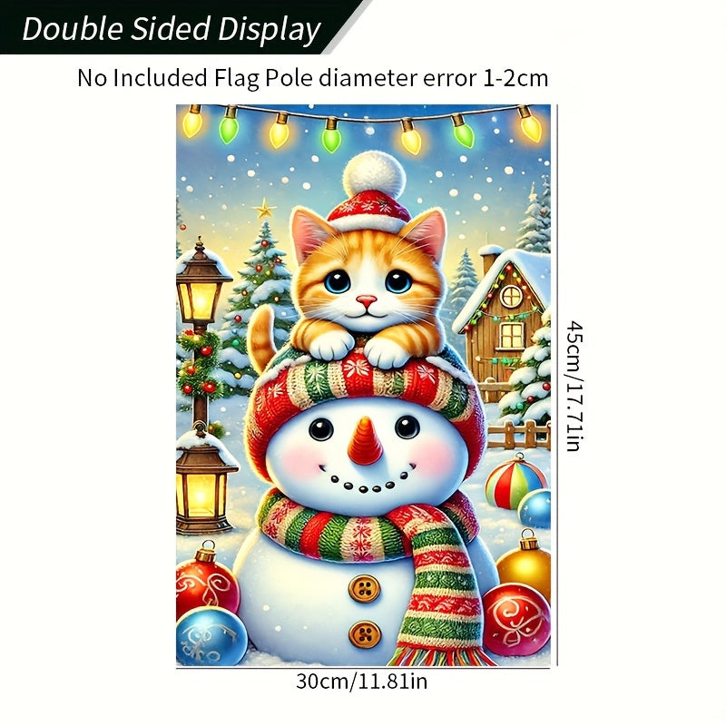 1PC Polyester Garden Flag - Cute Cat & Snowman Winter Christmas Decor - Pet Lovers Holiday Yard Display - Double-Sided Seasonal Outdoor Flag 12x18 Inch - Eco-Friendly, Durable for Home, Lawn, Farmhouse & Event Decorating - No