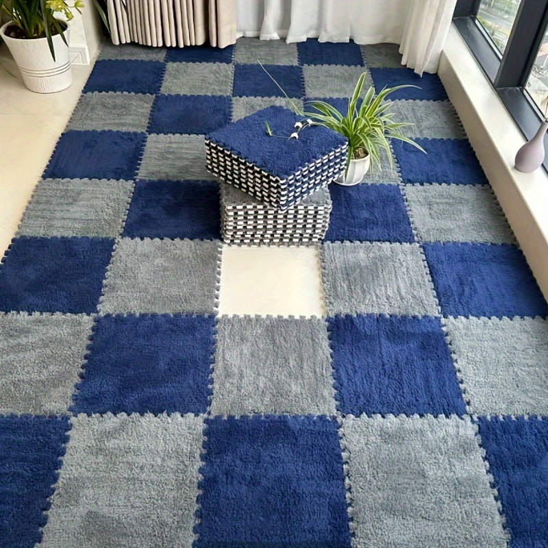 24pcs Soft Blue & Gray Plush Interlocking Floor Mats - Washable EVA & Polyester, Perfect for Living Room, Bedroom, or Game Room Decor