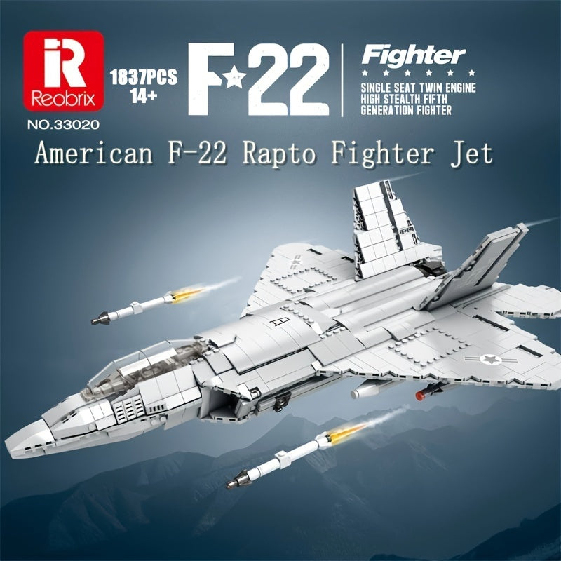 Reobrix 1837PCS Military Fighter Jet Building Set – Authentic F-22 Raptor Stealth Aircraft Model Kit, Durable ABS, for Adults & Teens 14+, Detailed Collector's Series Vehicle Theme